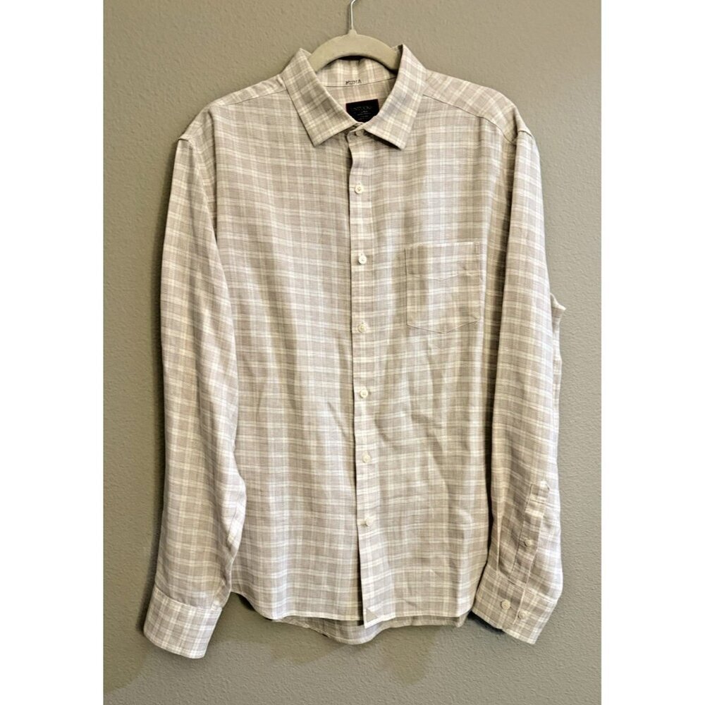 UNTUCKit Noval WR Shirt Men's Sz L Button Up 100% Linen Tan Plaid Summer Casual